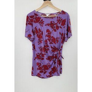 Liz Claiborne Liquid Knit Tie Side‎ Purple Red Floral Blouse Size L Boho Office